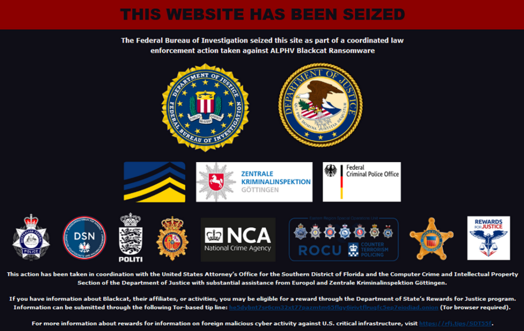 FBI seizure notice appearing on the BlackCat dark web leak sites