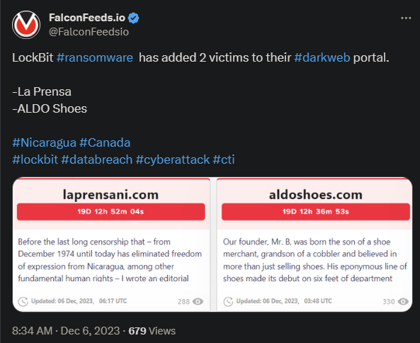 Tweet showing the LockBit cyberattack on Nicaragua and Canada
