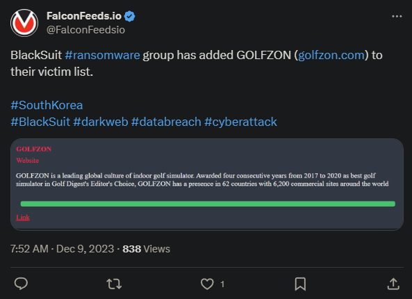 Tweet showing the BlackSuit attack announcement on GOLFZON