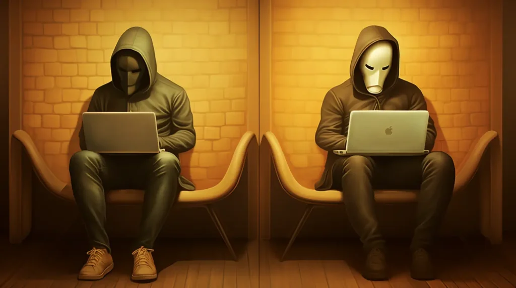 Two masked individuals using laptops