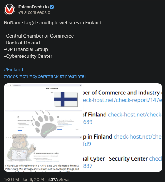 Tweet showing the NoName attack on the Finnish websites