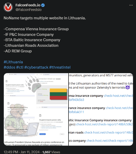 Tweet showing the NoName attack on the Lithuanian targets