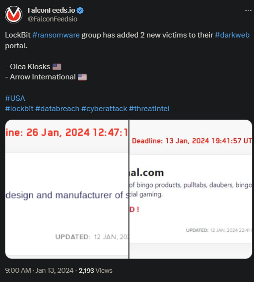 Tweet showing the LockBit attack on the new victims