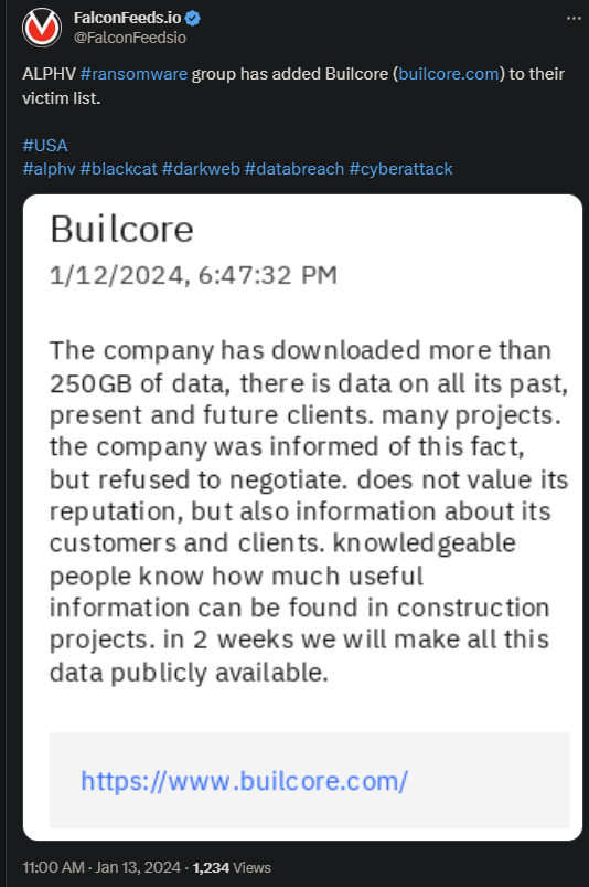 Tweet showing the ALPHV attack on Builcore