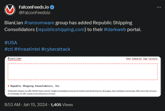 Tweet showing the BianLian attack on Republic Shipping Consolidators