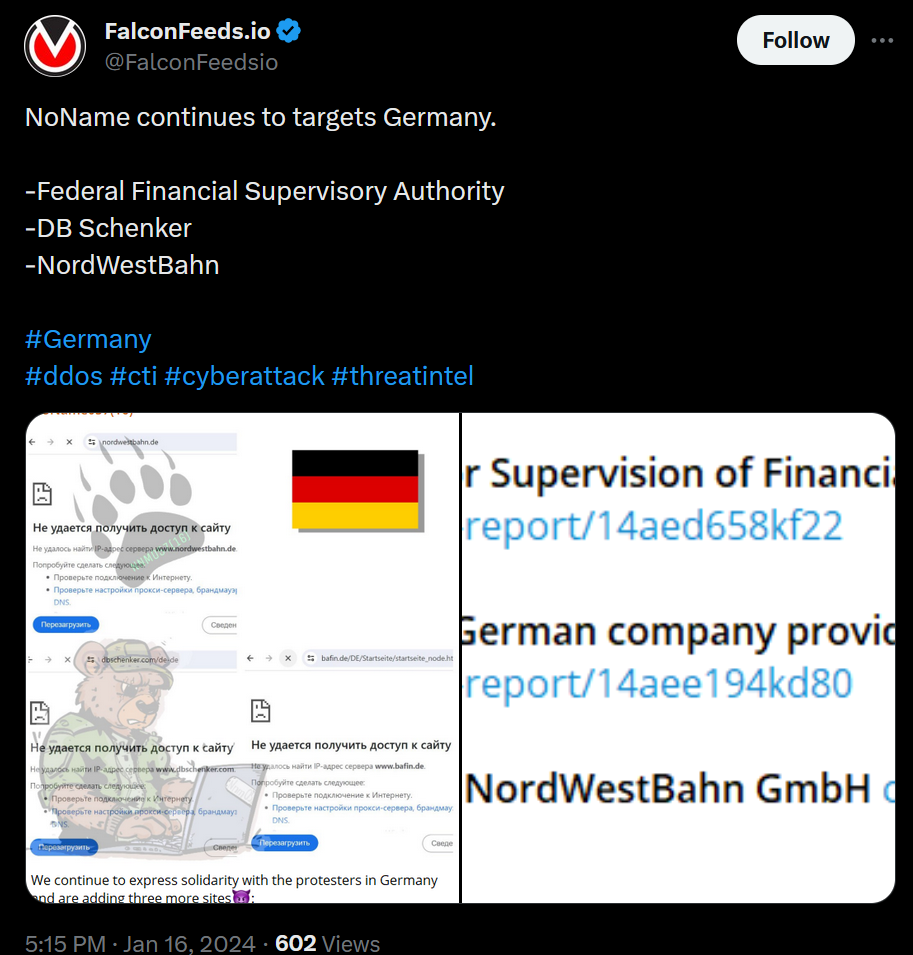Tweet showing the NoName attack on the German companies