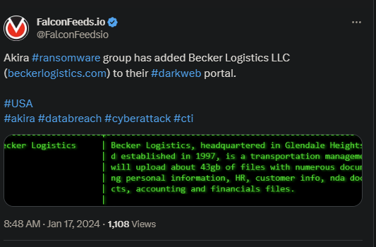 Tweet showing the Akira attack on Becker Logistics LLC