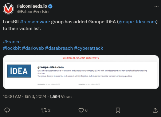 Tweet showing the LockBit attack on Groupe IDEA
