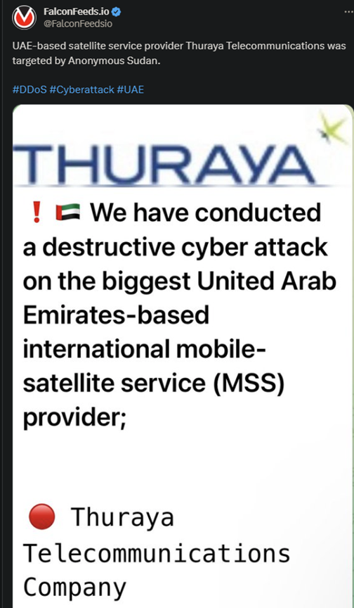 Tweet showing the Anonymous Sudan attack on the UAE company