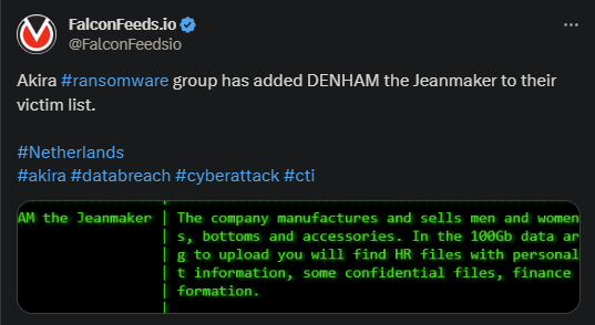 Tweet showing the Akira attack on DENHAM