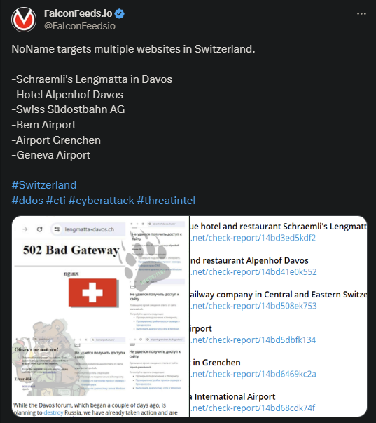 Tweet showing the NoName attack on multiple Swiss websites