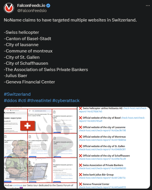 Tweet showing the NoName attack on multiple Swiss websites