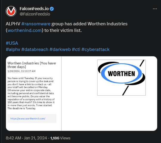 X showing the ALPHV attack on Worthen Industries
