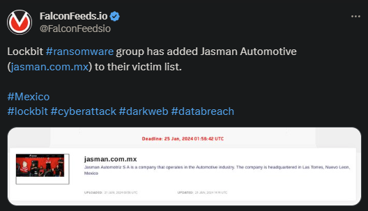 X showing the Lockbit attack on Jasman Automotive