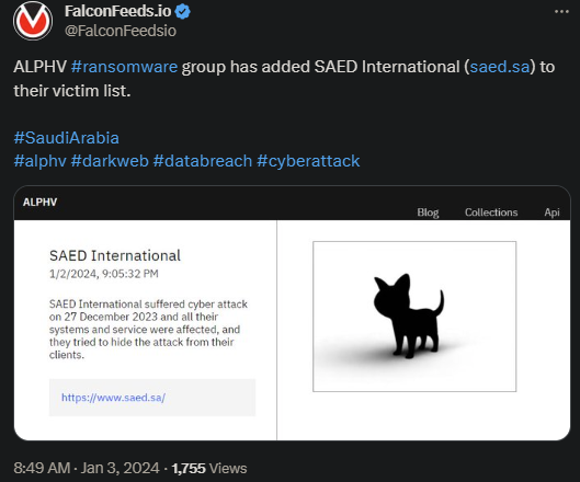 Tweet showing the ALPHV attack on SAED International