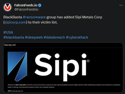 X showing the BlackBasta attack on Sipi Metals Corp