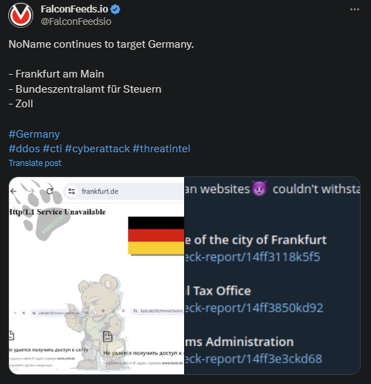 X showing the NoName attacks on Germany