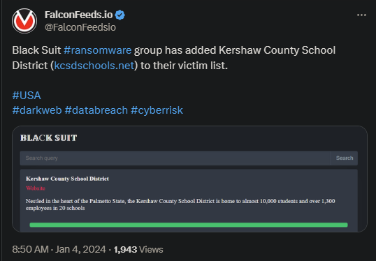 Tweet showing the Black Suit attack on the Kershaw County School District