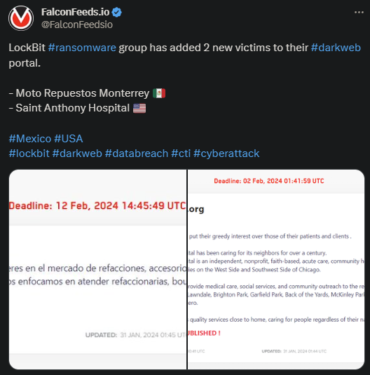 X showing the LockBit attack on the 2 new victims