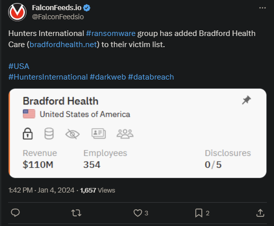 Tweet showing the Hunters International attack on the Bradford Health Care