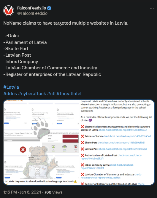 Tweet showing the NoName attack on the Latvian websites