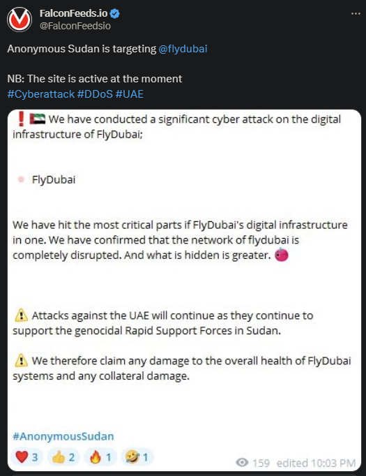 X showing the Anonymous Dubai attack on FlyDubai