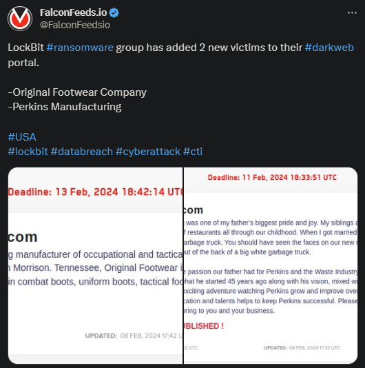 X showing the LockBit attack on the 2 victims