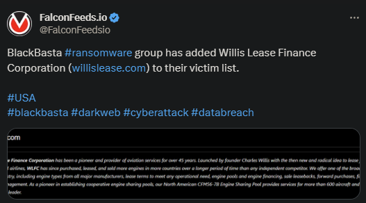 X showing the BlackBasta attack Willis Lease Finance Corporation