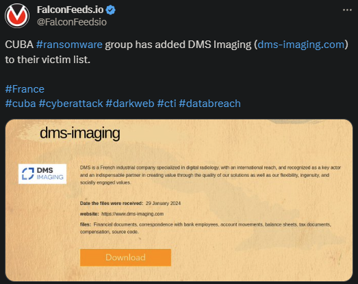X showing the CUBA ransomware attack on DMS Imaging