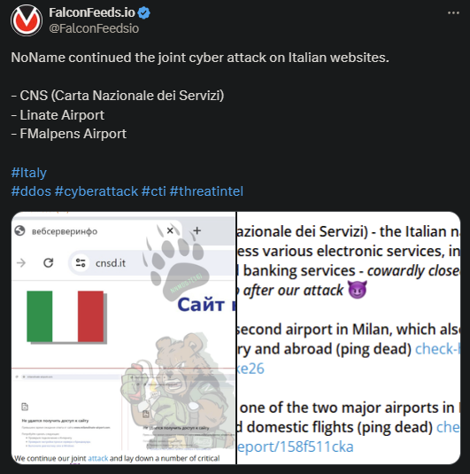 X showing the NoName attack on the Italian websites