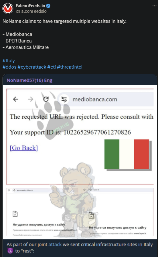 X showing the NoName attack on the three Italian websites