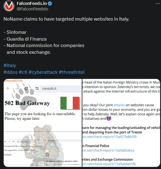 X showing the NoName attack on the Italian websites