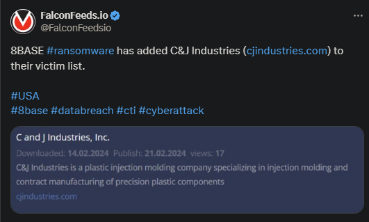 X showing the 8BASE attack on C&H Industries