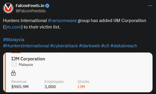 X showing the Hunters International attack on IJM Corporation