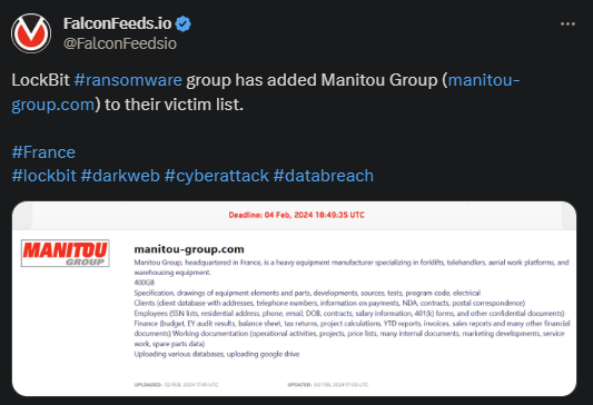 X showing the LockBit attack on the Manitou Group