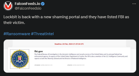 X showing the Lockbit attack on the FBI