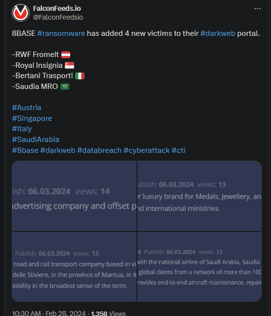 X showing the 8BASE attack on the 4 victims