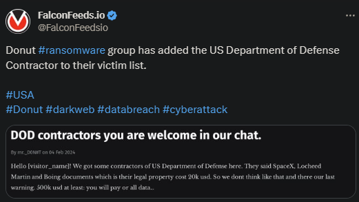 X showing the Donut attack on the US Department of Defense Contractor