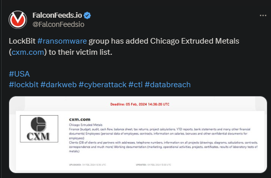 X showing the LockBit attack on Chicago Extruded Metals