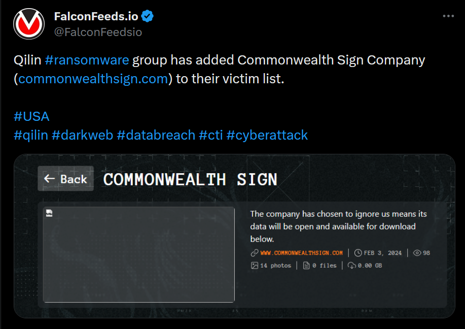 X showing the Qilin attack on the Commonwealth Sign Company