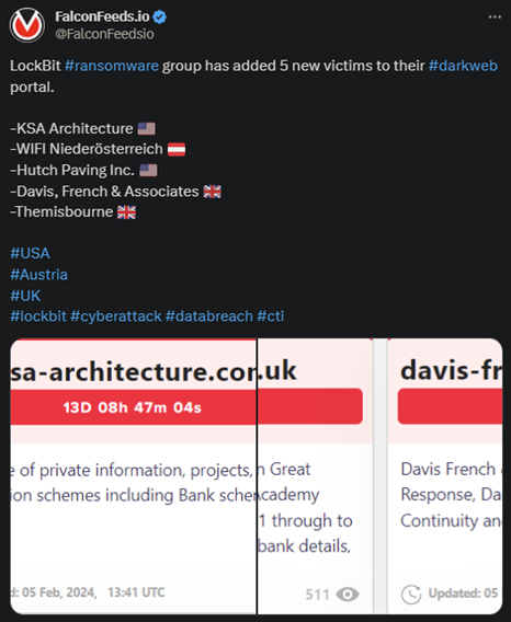 X showing the LockBit attack on the 5 victims