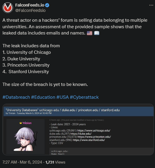 X showing the data leak at the American universities
