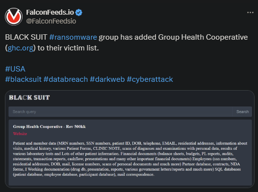 X showing the Black Suit attack on the Group Health Cooperative
