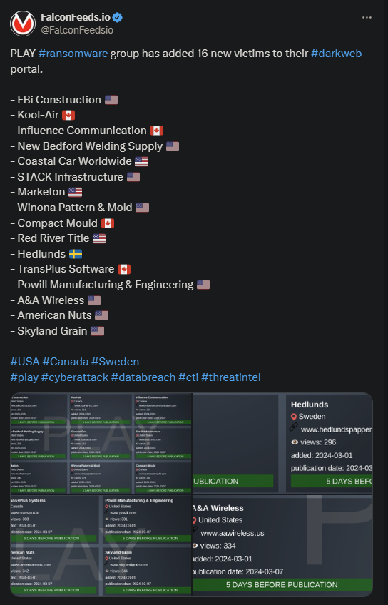 X showing the PLAY ransomware attack on the 16 victims