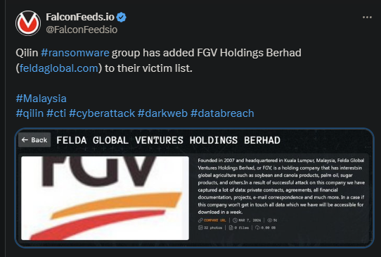 X showing the Qilin attack on FGV Holdings Berhad