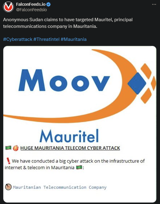 X showing the Anonymous Sudan attack on Mauritel