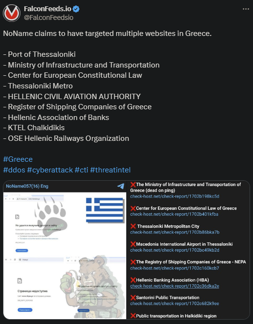 X showing the NoName attack on the Greek sites