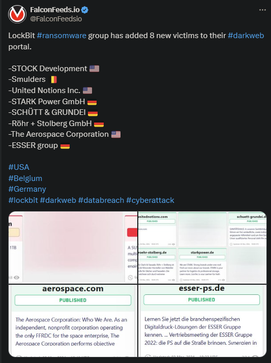 X showing the Lockbit attack on the 8 victims