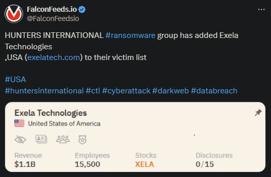 X showing the Hunters International attack on Exela Technologies