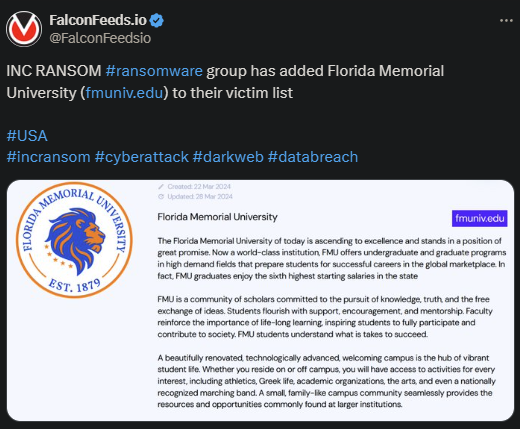 X showing the INC Ransom attack on Florida Memorial University